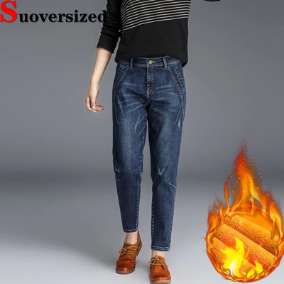 Mărime mare 26-34 Blugi călduroși de iarnă Îngroșați Pantaloni harem vintage cu talie înaltă Casual Femei Vaqueros Pantaloni cowboy din catifea de pluș