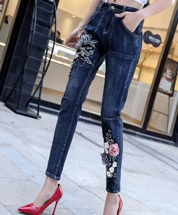 Дамски корейски модни тесни дънки Haroun с бродерия на цветя, женски секси дънки, голям размер, панталони Haroun TB641