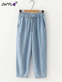 S-3xl Pantaloni subțiri din denim cu șnur cu talie înaltă, de vară, de culoare uni, pantaloni largi pentru femei, de modă coreeană, pantaloni harem din denim
