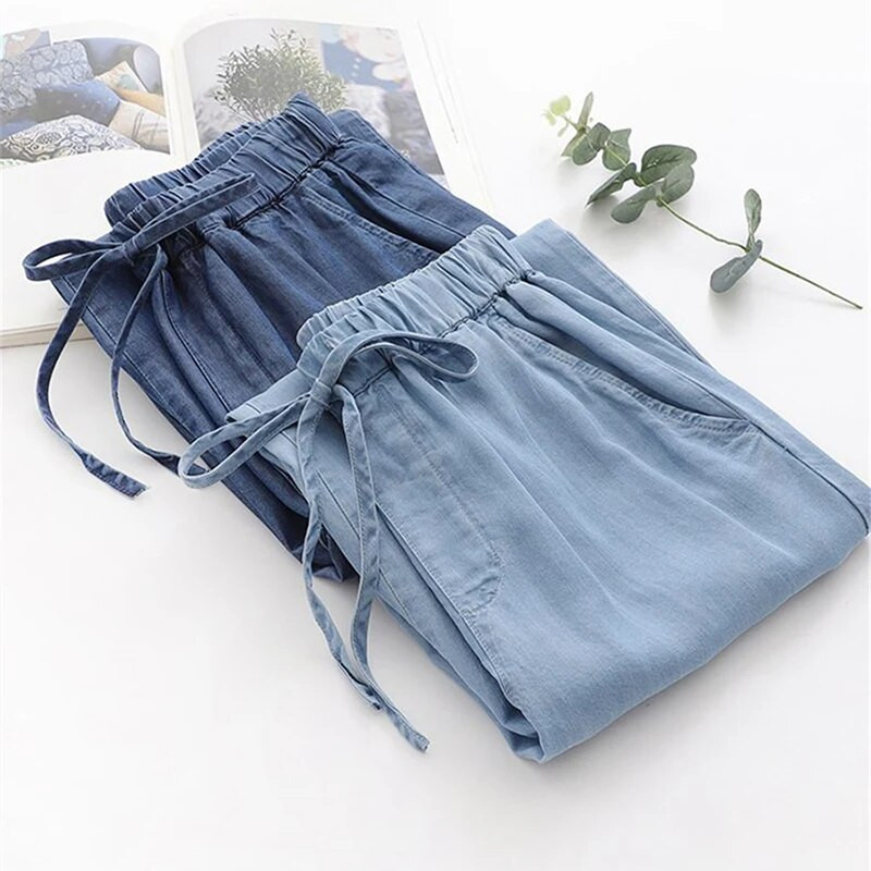 S-3xl Pantaloni subțiri din denim cu șnur cu talie înaltă, de vară, de culoare uni, pantaloni largi pentru femei, de modă coreeană, pantaloni harem din denim