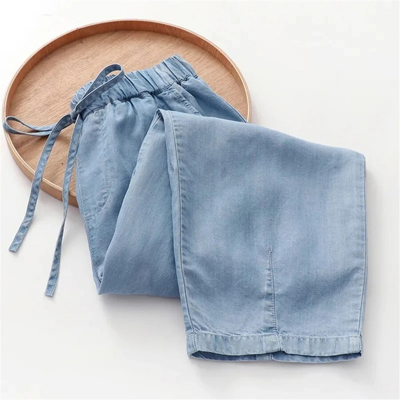 S-3xl Pantaloni subțiri din denim cu șnur cu talie înaltă, de vară, de culoare uni, pantaloni largi pentru femei, de modă coreeană, pantaloni harem din denim