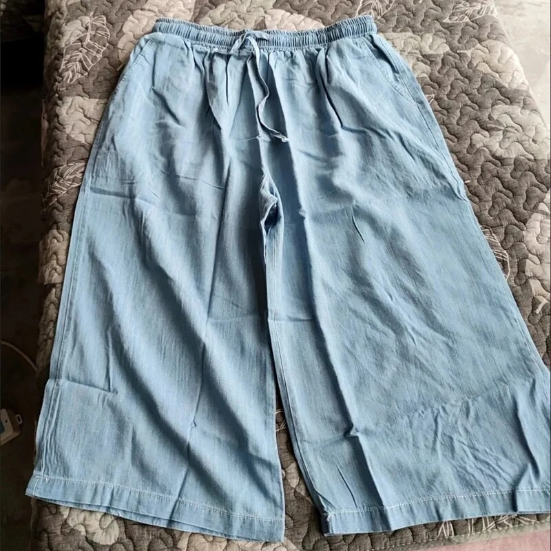 S-3xl Pantaloni subțiri din denim cu șnur cu talie înaltă, de vară, de culoare uni, pantaloni largi pentru femei, de modă coreeană, pantaloni harem din denim