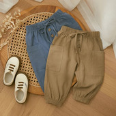 Bumbac, in, pantaloni casual pentru bebeluși, copii mici, băieți, fete, fund casual, vară, toamnă, uni, nasturi, cu șnur, pantaloni cu buzunare pentru copii