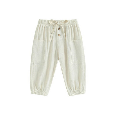 Bumbac, in, pantaloni casual pentru bebeluși, copii mici, băieți, fete, fund casual, vară, toamnă, uni, nasturi, cu șnur, pantaloni cu buzunare pentru copii