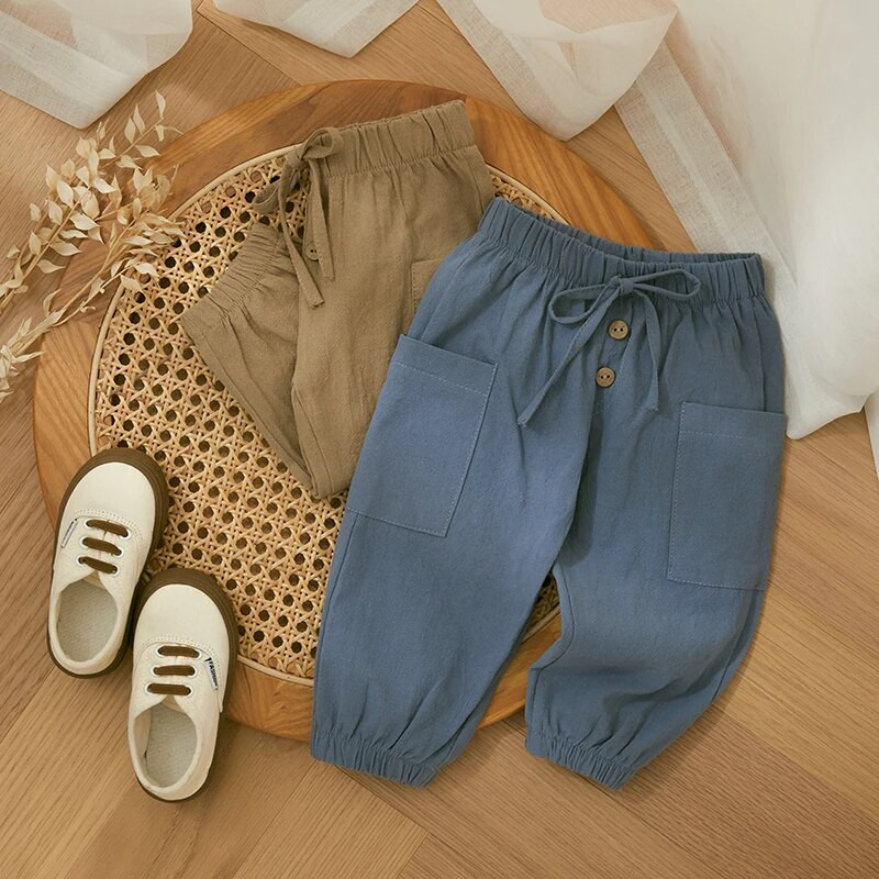 Bumbac, in, pantaloni casual pentru bebeluși, copii mici, băieți, fete, fund casual, vară, toamnă, uni, nasturi, cu șnur, pantaloni cu buzunare pentru copii