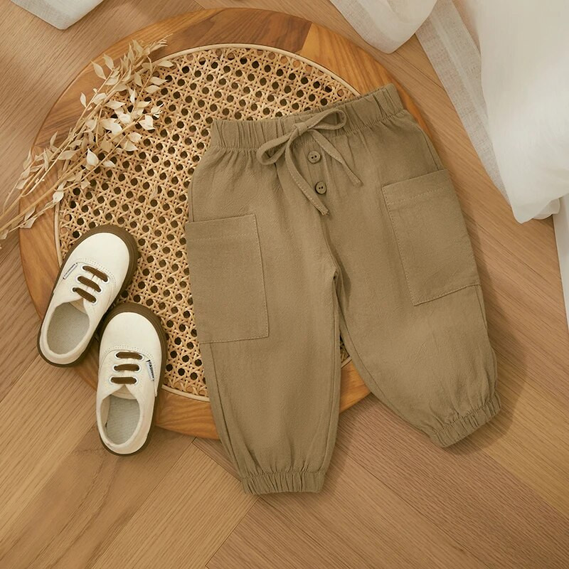 Bumbac, in, pantaloni casual pentru bebeluși, copii mici, băieți, fete, fund casual, vară, toamnă, uni, nasturi, cu șnur, pantaloni cu buzunare pentru copii