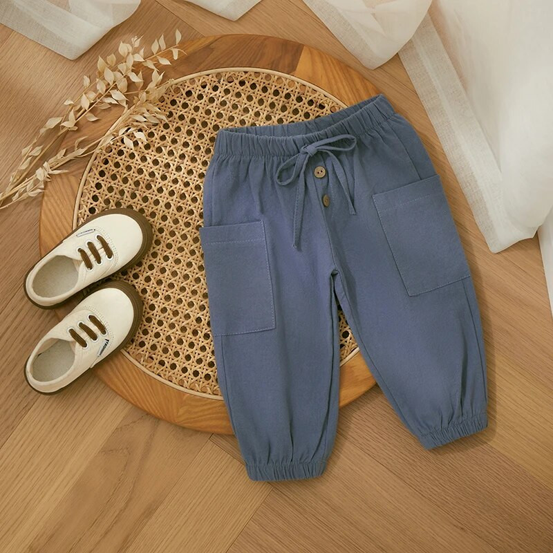 Bumbac, in, pantaloni casual pentru bebeluși, copii mici, băieți, fete, fund casual, vară, toamnă, uni, nasturi, cu șnur, pantaloni cu buzunare pentru copii