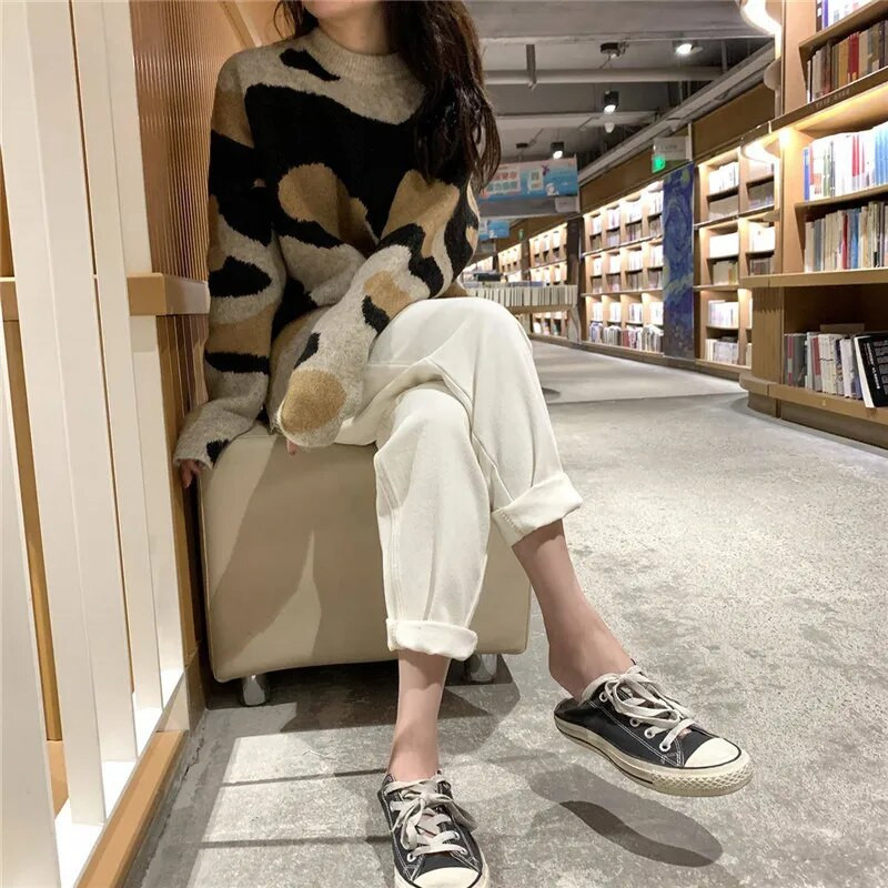 Blugi albi cu talie înaltă de epocă pentru femei Pantaloni slim Harem din blugi pentru mamă, cu talie înaltă, pantaloni casual de primăvară, până la gleznă.