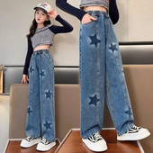 Dječje traperice širokih nogavica Proljeće 2024. Modne tinejdžerske školske dječje hlače s geometrijskim uzorkom Ležerne široke ravne hlače za djevojčice