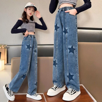 Детски дънки с широки крачоли Пролет 2024 Модни тийнейджърски училищни детски панталони с геометричен модел Ежедневни широки прави панталони за момичета