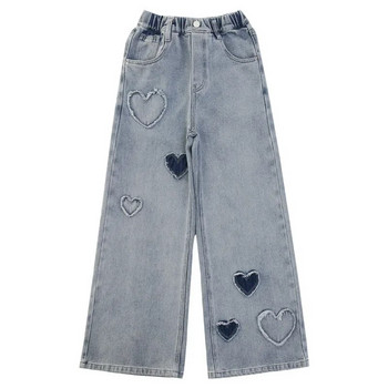 Παιδικά τζιν με φαρδύ πόδι Άνοιξη 2024 με γεωμετρικό σχέδιο μόδας Εφηβικό σχολικό παιδικό παντελόνι Casual φαρδύ ίσιο παντελόνι για κορίτσια