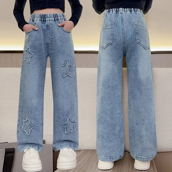 Детски дънки с широки крачоли Пролет 2024 Модни тийнейджърски училищни детски панталони с геометричен модел Ежедневни широки прави панталони за момичета