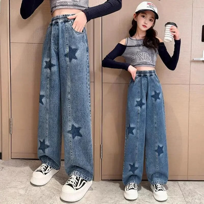 Dječje traperice širokih nogavica Proljeće 2024. Modne tinejdžerske školske dječje hlače s geometrijskim uzorkom Ležerne široke ravne hlače za djevojčice