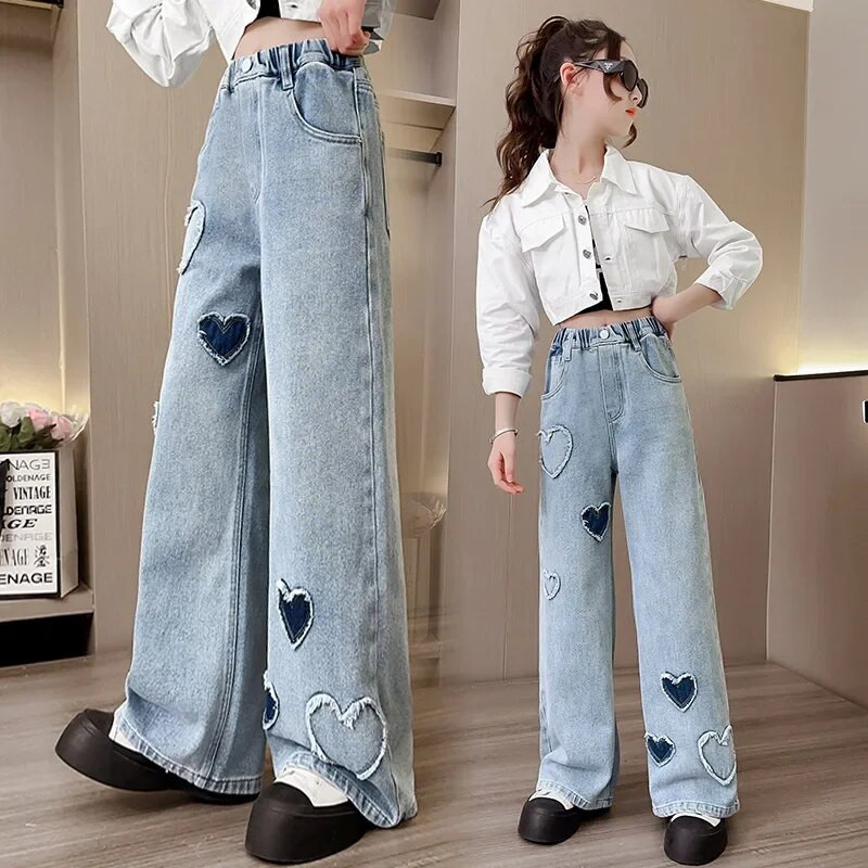 Dječje traperice širokih nogavica Proljeće 2024. Modne tinejdžerske školske dječje hlače s geometrijskim uzorkom Ležerne široke ravne hlače za djevojčice