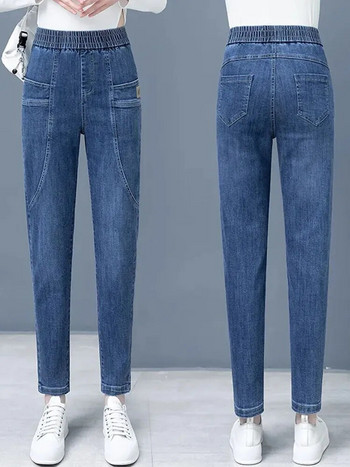 Пролет Лято Голям размер 5xl 75 кг Harem Jeans Еластични дънкови панталони с висока талия Vintage Blue Vaqueros Woman Fashion Spodnie