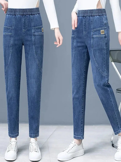 Primavara Vara Marime Mari 5xl 75kg Blugi Harem Pantaloni elastici cu talie inalta Stretch Denim Vintage Blue Vaqueros Woman Fashion Spodnie