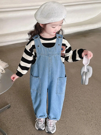 Παιδικά τζιν Βρεφικά κοριτσίστικα τζιν παντελόνια με λουράκια 2024 Άνοιξη φθινόπωρο Νέες μεγάλες τσέπες φαρδιά ολόσωμη φόρμα Κορεάτικη καθημερινή παιδική φόρμα