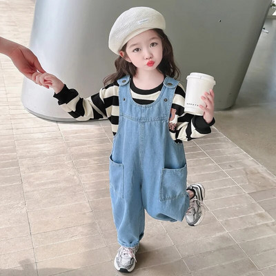 Dječje traperice, traper hlače s naramenicama za djevojčice, 2024., proljeće, jesen, novi široki kombinezon s velikim džepovima, korejski ležerni dječji kombinezon