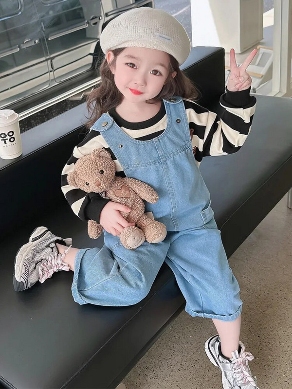 Dječje traperice, traper hlače s naramenicama za djevojčice, 2024., proljeće, jesen, novi široki kombinezon s velikim džepovima, korejski ležerni dječji kombinezon