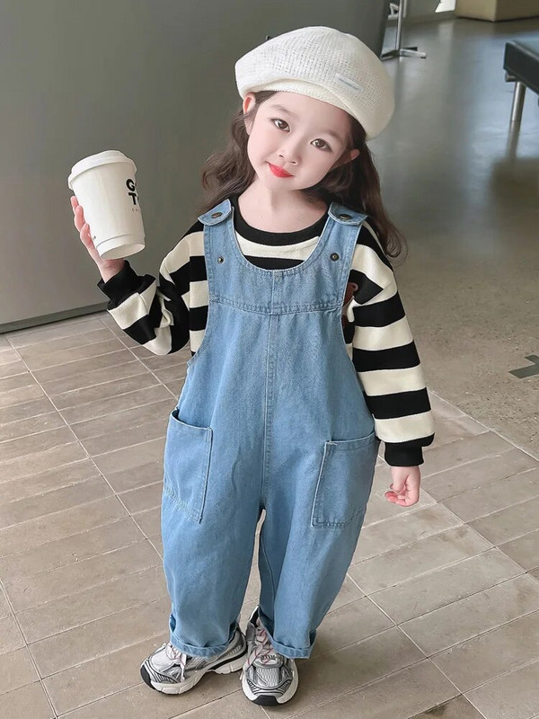 Dječje traperice, traper hlače s naramenicama za djevojčice, 2024., proljeće, jesen, novi široki kombinezon s velikim džepovima, korejski ležerni dječji kombinezon