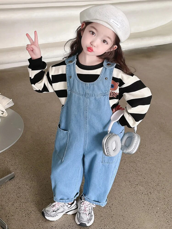 Dječje traperice, traper hlače s naramenicama za djevojčice, 2024., proljeće, jesen, novi široki kombinezon s velikim džepovima, korejski ležerni dječji kombinezon