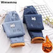 Imprimeu desene animate iarna se îngroașă blugi caldi pentru femei Pantaloni harem din denim căptușiți cu catifea de pluș Pantaloni vaqueros până la glezne.