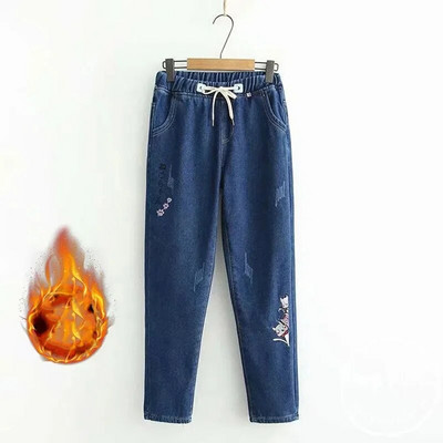 Imprimeu desene animate iarna se îngroașă blugi caldi pentru femei Pantaloni harem din denim căptușiți cu catifea de pluș Pantaloni vaqueros până la glezne.