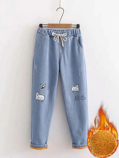 Imprimeu desene animate iarna se îngroașă blugi caldi pentru femei Pantaloni harem din denim căptușiți cu catifea de pluș Pantaloni vaqueros până la glezne.