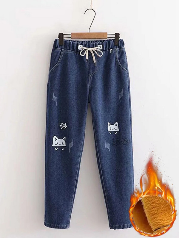 Imprimeu desene animate iarna se îngroașă blugi caldi pentru femei Pantaloni harem din denim căptușiți cu catifea de pluș Pantaloni vaqueros până la glezne.
