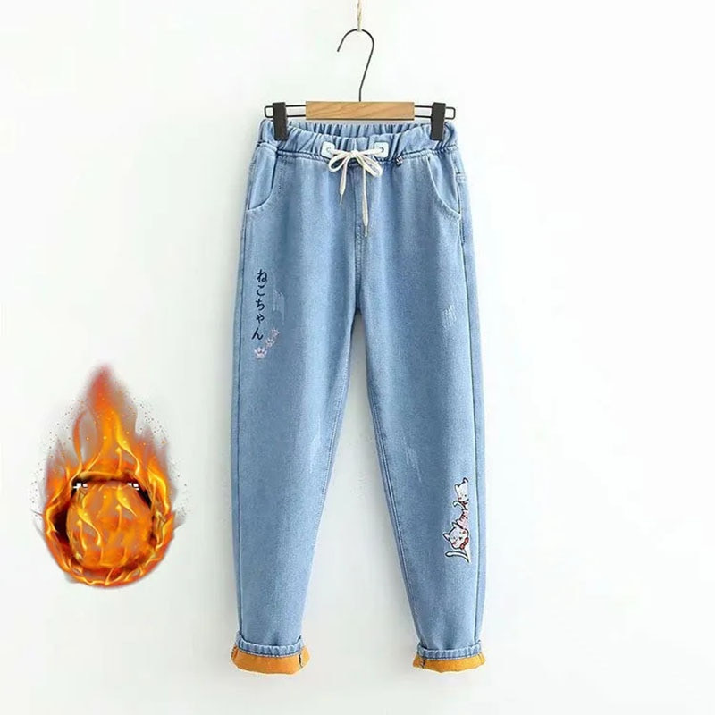 Imprimeu desene animate iarna se îngroașă blugi caldi pentru femei Pantaloni harem din denim căptușiți cu catifea de pluș Pantaloni vaqueros până la glezne.