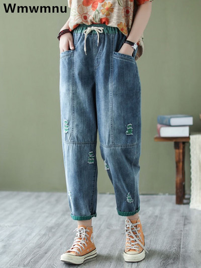 Streetwear Скъсани Harem Jeans Дамски корейски широки дънкови панталони с дължина до глезена Дизайн Ежедневни Vaqueros Свободни панталони с връзки