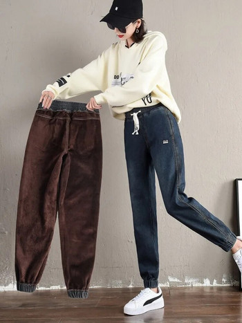 Thicken Big Size 80kg Harem Jeans Зимни плюшени дънкови панталони с висока талия Vintage Warm Vaqueros Baggy Woman Spodnie New
