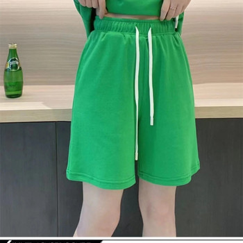Дамски анцуг Лятна едноцветна тениска Подходящо облекло Ежедневни комплекти от 2 части Свободен къс панталон с висока талия Изчистен костюм с качулка