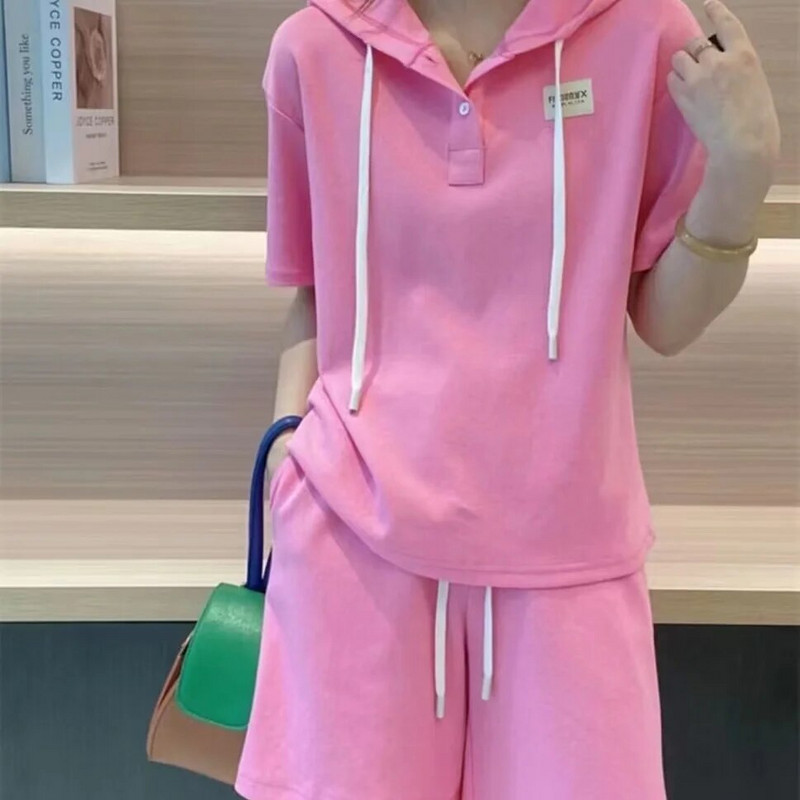 Trening pentru femei, tricou solid de vară, ținută asortată, ocazional, seturi de 2 piese, pantaloni scurți cu talie înaltă, cu glugă, costum simplu