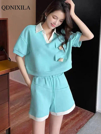 Ново в елегантни съвпадащи дамски летни комплекти къси панталони Korean Sweet Little Bear Свободни ежедневни къси къси панталони с къс ръкав за жени Комплект от 2 части