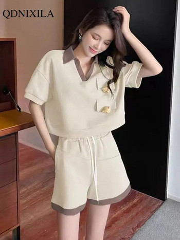 Ново в елегантни съвпадащи дамски летни комплекти къси панталони Korean Sweet Little Bear Свободни ежедневни къси къси панталони с къс ръкав за жени Комплект от 2 части