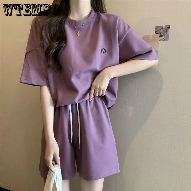 Set de top și pantaloni scurți casual pentru femei Trening Costum din două piese Sport feminin cu mânecă scurtă Clasic Albastru Mov Îmbrăcăminte sport