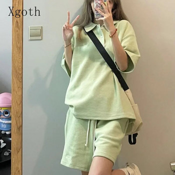 Xgoth Дамски семпъл вафлен ежедневен спортен костюм Женска риза с обърната яка с къс ръкав + шорти Girly Streetwear Зелен комплект от 2 бр.