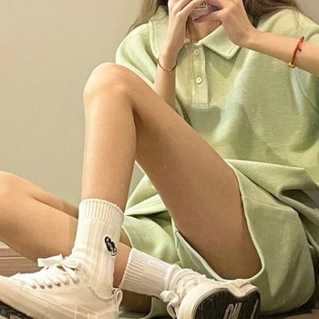 Xgoth Дамски семпъл вафлен ежедневен спортен костюм Женска риза с обърната яка с къс ръкав + шорти Girly Streetwear Зелен комплект от 2 бр.