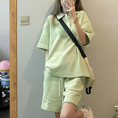 Xgoth žensko jednostavno ležerno sportsko odijelo od vafla Ženska majica s otvorenim ovratnikom kratkih rukava + kratke hlače Girly Streetwear Zeleni set od 2 komada