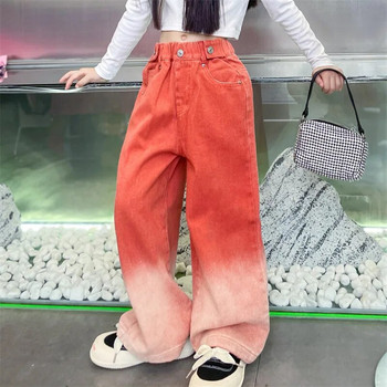 Дънки за момичета Модни градиентни панталони с широки крачоли в бонбонени цветове Детски дрехи Пролет Есен Тийнейджърски памучни улични панталони