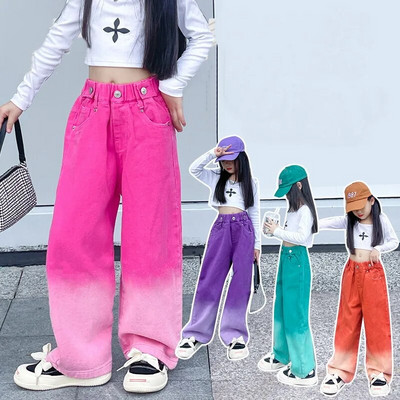 Dievčenské džínsy, módne gradientové nohavice so širokými nohavicami, detské oblečenie, jar, jeseň, teenagerské bavlnené streetwear nohavice