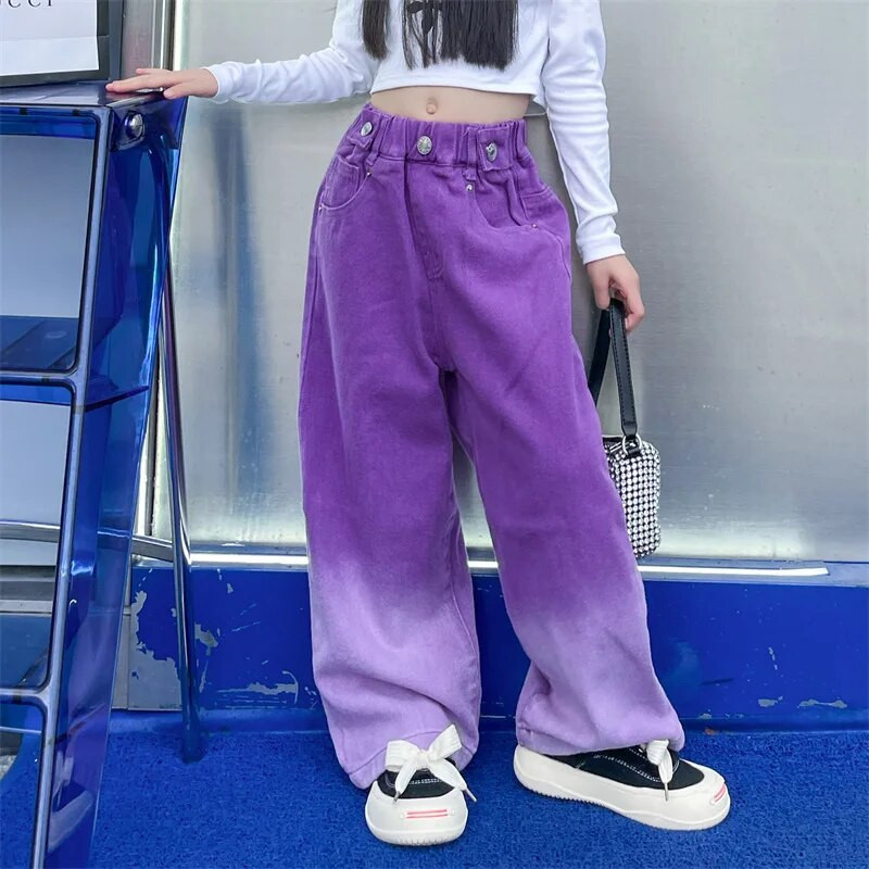 Blugi pentru fete Culoare bomboană Moda Gradient Pantaloni largi Haine pentru copii Primăvară Toamnă Adolescent Bumbac Streetwear Pantaloni