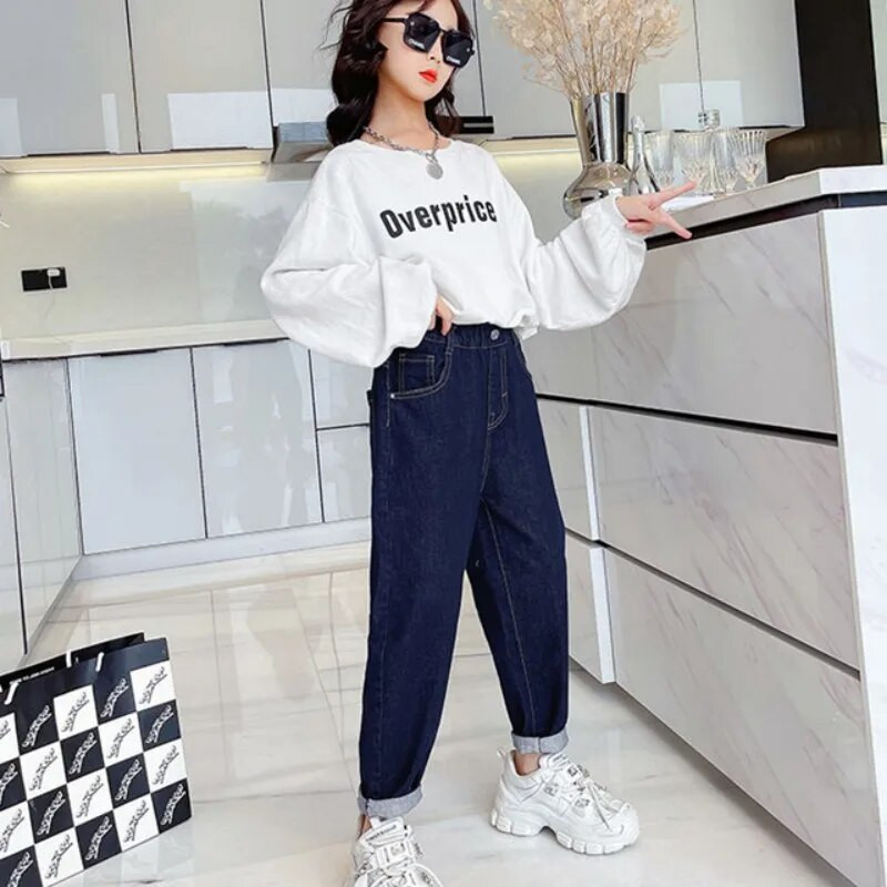 Lányok hosszú nadrág pamut farmer nadrág 2023 tömör tavaszi nyár nagy méretű tinédzserek baba gyerekek gyermekruházat