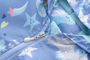 Детска ветровка с дълъг ръкав за момичета Яке с еднорог с карикатура и качулка Сини цветни якета Модно връхно облекло за 2-7 години
