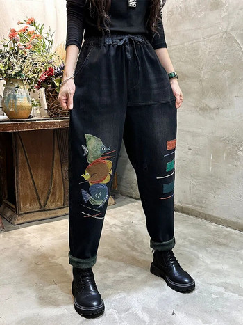 Max LuLu Γυναικεία 2022 Χειμώνας Χαλαρά Vintage Κέντημα Γούνα Τζιν Κορεάτικη Γυναικεία Μόδα Κινούμενα σχέδια Τζιν παντελόνι Casual παντελόνι χαρέμι