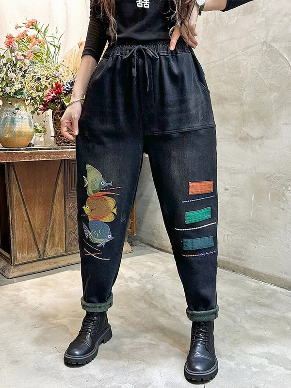 Max LuLu ženske 2022. zimske široke vintage krznene traperice s vezom. Korejske ženske modne traper hlače iz crtića Ležerne harem hlače