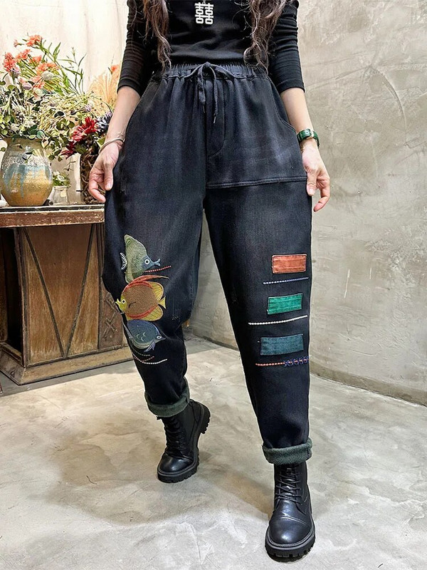 Max LuLu ženske 2022. zimske široke vintage krznene traperice s vezom. Korejske ženske modne traper hlače iz crtića Ležerne harem hlače