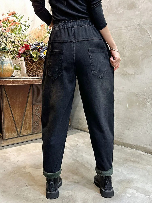 Max LuLu ženske 2022. zimske široke vintage krznene traperice s vezom. Korejske ženske modne traper hlače iz crtića Ležerne harem hlače