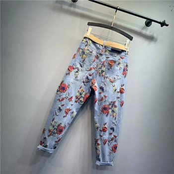 Дънки с принт на цветя Дамски есенни нови свободни дънкови панталони с висока талия Големи размери Индивидуални улични панталони Harem Jeans